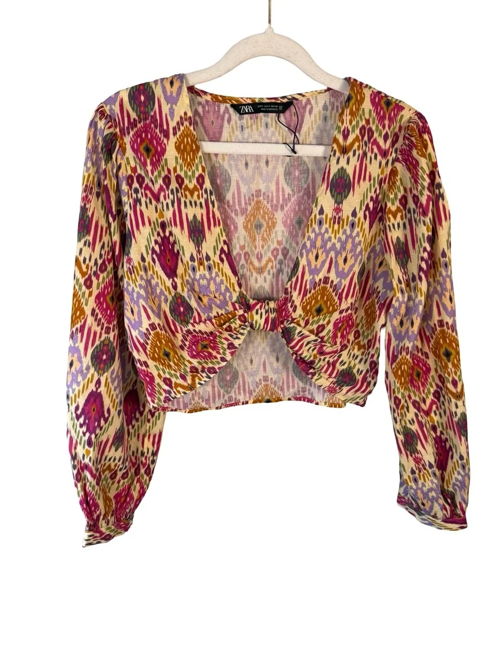 Zara Multicolor Ikat Tie-Front Long Sleeve Crop Top Size S Boho Y2K Festival - Picture 2 of 10